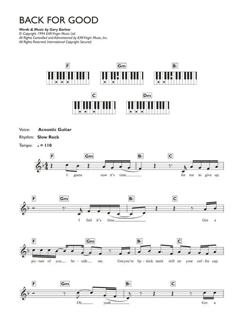 Back For Good Sheet Music Take That Piano Chords/Lyrics ...