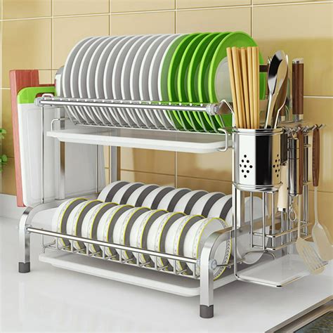 NK 2 Tier Sink Dish Drying Rack, Large Dishes Drain Rack Shelf with ...