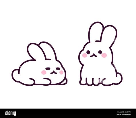 Two cute cartoon white rabbits, simple drawing. Kawaii Easter bunny ...