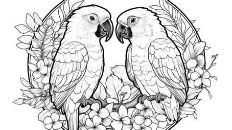 Black and White Illustration of Two Parrots Perched on a Branch, Surrounded by Tropical Flowers ...