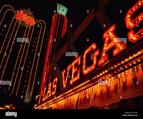 Freemont Street, Las Vegas at night. Las Vegas sign. A vibrant tourist destination with its ...