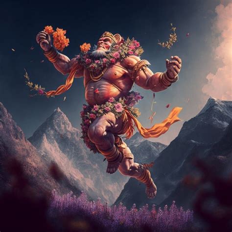 An illustration of Lord Hanuman, flying through the sky with a mountain in his hand and a trail ...