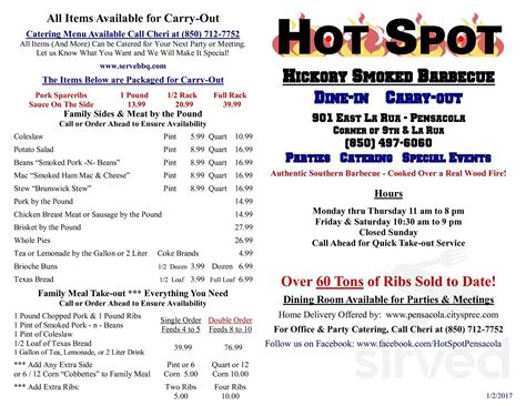 Hot Spot Barbecue menu in Pensacola, Florida, USA