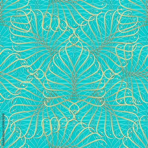 Vintage gold calligraphic 3d seamless pattern. Vector turquoise background wallpaper. Elegance ...