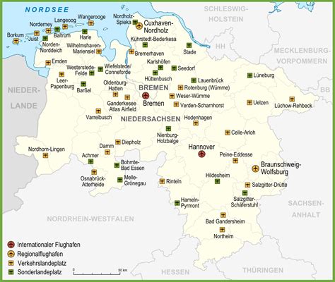 Map of airports in Lower Saxony - Ontheworldmap.com