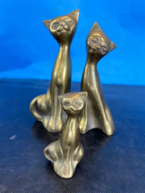 3 VTG MID Century Modern Solid Brass Long Neck Siamese Cat Statue Sculpture Set $29.66 - PicClick