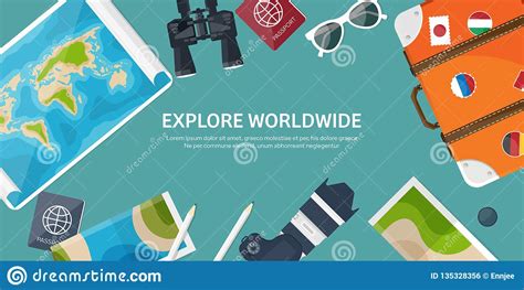Travel and Tourism Flat Style Vector Illustration. World Earth Map and Globe Stock Vector ...