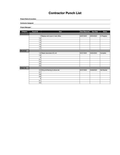 Punch List Template Excel