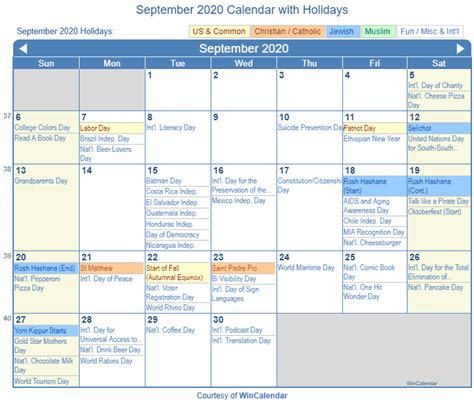 Print Friendly September 2020 US Calendar for printing