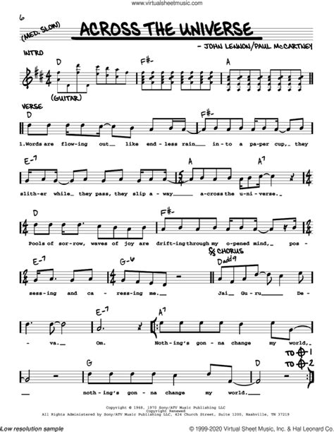 Across The Universe [Jazz version] sheet music (real book with lyrics)