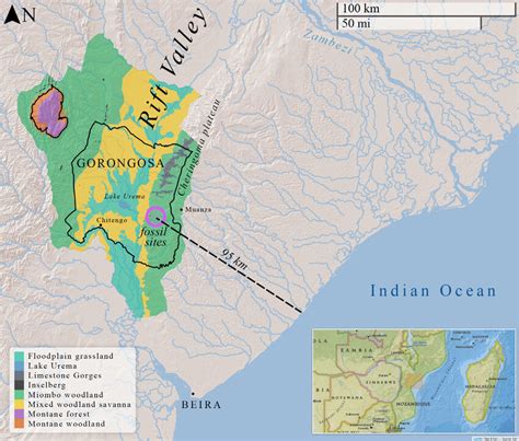 Map of Gorongosa National Park along the East African Rift Valley ...