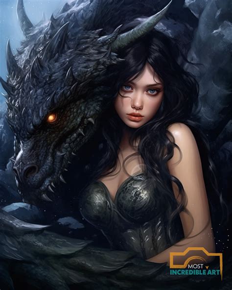 Enchanting Dark-Haired Maiden and Dragon Fantasy Art Prints – Captivat – Most Incredible Art