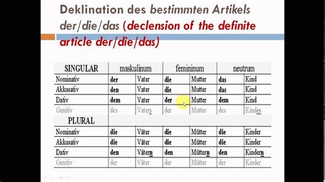 Learn German2:Grammar A1:Deklination des bestimmten Artikels der/die/das - YouTube