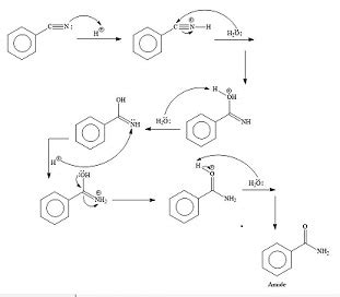 Write an equation that illustrates the mechanism of the basic hydrolysis of benzonitrile to ...