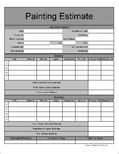 Free Wide Numbered Row Painting Estimate Form from Formville