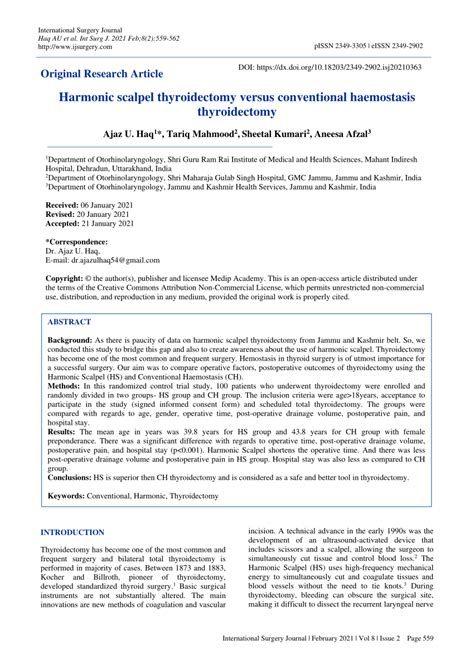 (PDF) Harmonic scalpel thyroidectomy versus conventional haemostasis ...