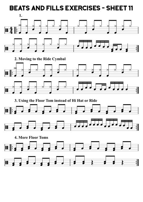 Beats and Fills Exercises – Sheet 11 | Drum sheet music, Drums sheet ...