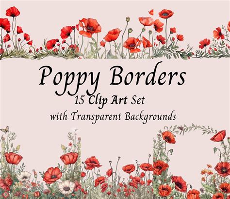 Poppy Flower Border Clipart Set Watercolor Floral Red Poppies Clip Art ...