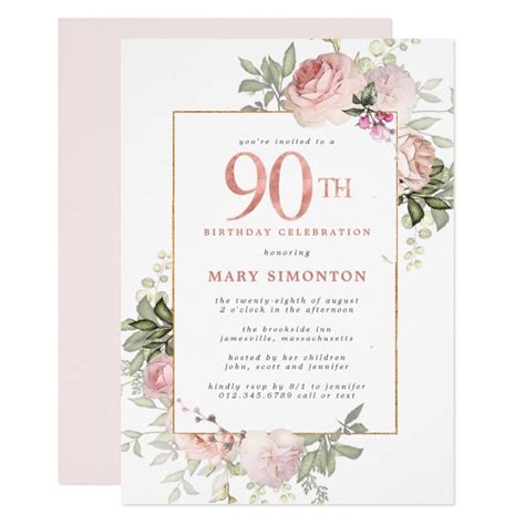 Blush Pink Gold Floral 90th Birthday Party Invitation | Zazzle.com