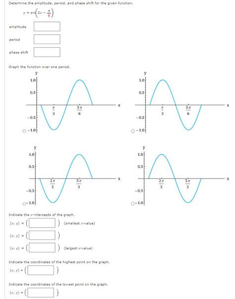 Solved y=sin(2x−6π) amplitude period phase shift Graph the | Chegg.com