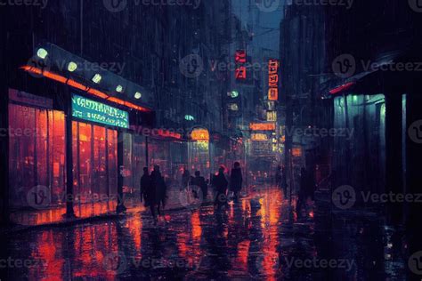 Rainy night background, neon street in city with lights generative ai backdrop 22006857 Stock ...