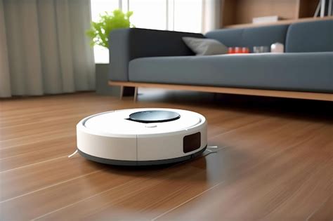 Premium AI Image | White round robot vacuum cleaner cleans room Technology development