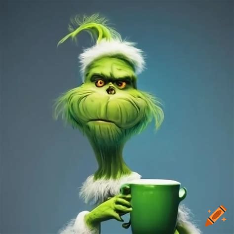 Funny grinch walking with a mug