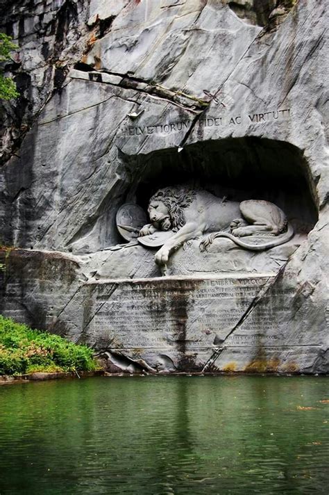 Lion of Lucerne, Switzerland. Helvetiorum Fidei ac Virtuti ("To the loyalty and bravery of the ...