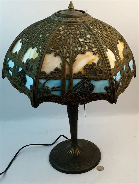 Lot - Antique c. 1915 Miller Lamp Co. Blue & Brown Slag Stained Glass Lamp w/ Sky House Tree ...