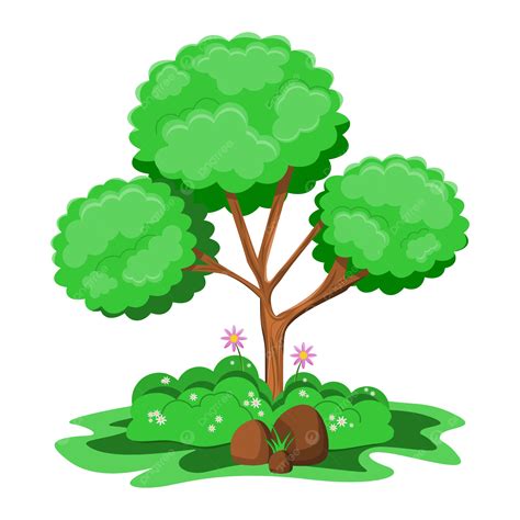 Tree Vector With Bushes And Stones There Are Beautiful Colored Flowers ...