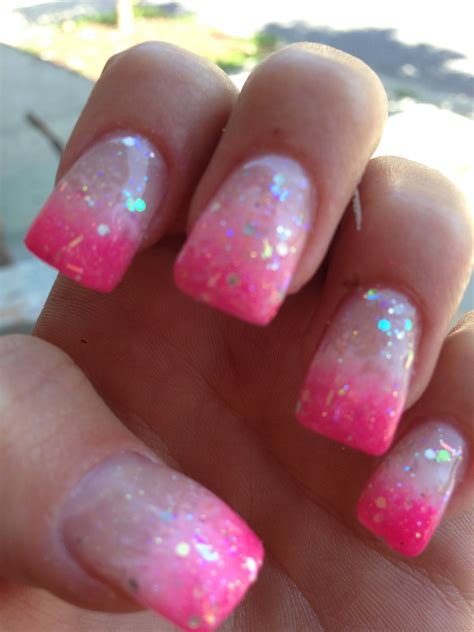 Hot pink and white ombré tip nails with glitter | Bright pink nails, Ombre nails glitter, Orange ...