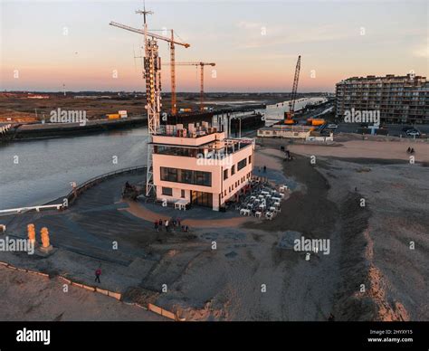 Aerial view of a construction site on the side of the flowing Yser river in Belgium Stock Photo ...