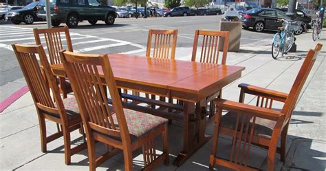 UHURU FURNITURE & COLLECTIBLES: SOLD Oak Mission-Style Dining Table & 8 Chairs (with 2 leaves ...