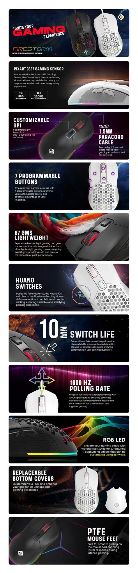 Cosmic Byte Firestorm RGB Wired Gaming Mouse with PTFE feet - Cosmic Byte