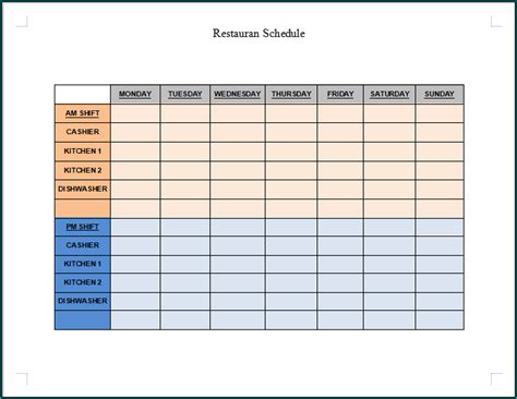 Restaurant Kitchen Schedule Template - Best Template Ideas