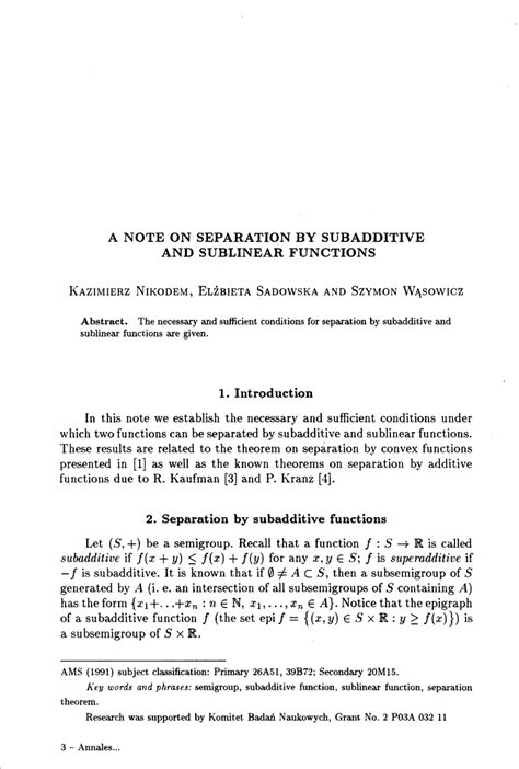 (PDF) A note on separation by subadditive and sublinear functions