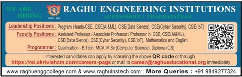 Raghu Engineering Institutions, Visakhapatnam Wanted Professor/Associate Professor/Assistant ...