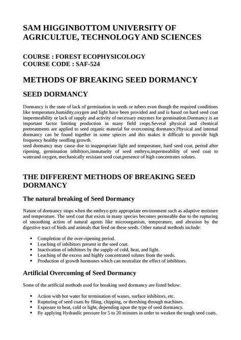 Methods OF Breaking SEED Dormancy - SAM HIGGINBOTTOM UNIVERSITY OF ...