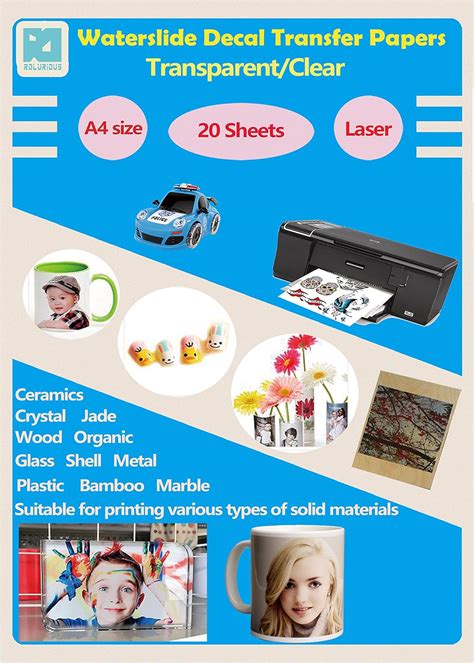 【Pack of 20】A4 Size Laser Water Slide Decal Paper Sheets Transparent Clear DIY for Laser Printer ...