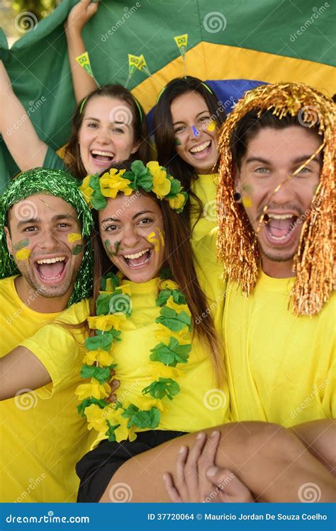 Brazilian Sport Soccer Fans Celebrating Victory Together. Stock Photo ...