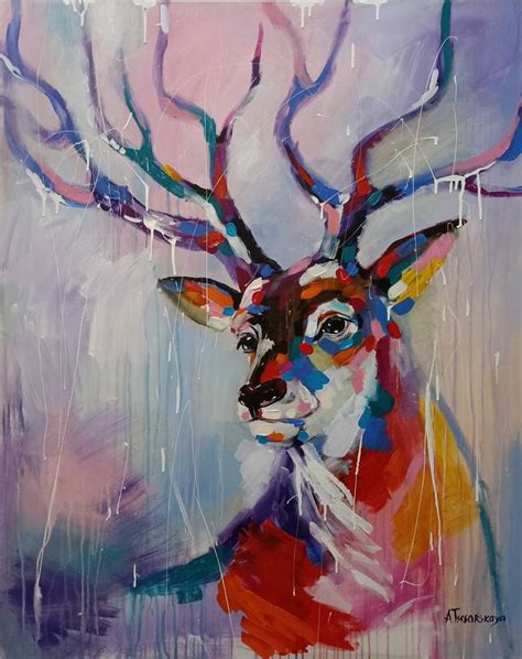 Deer - original acrylic painting, pop art animal, deer on canvas Painting by Aliaksandra ...