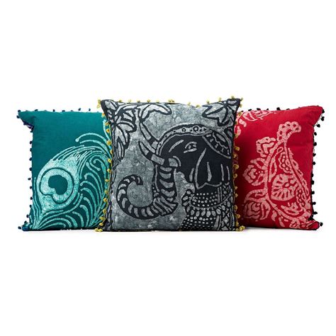 Handmade Batik Pillows | handmade, india, throws, pom pom trim | UncommonGoods