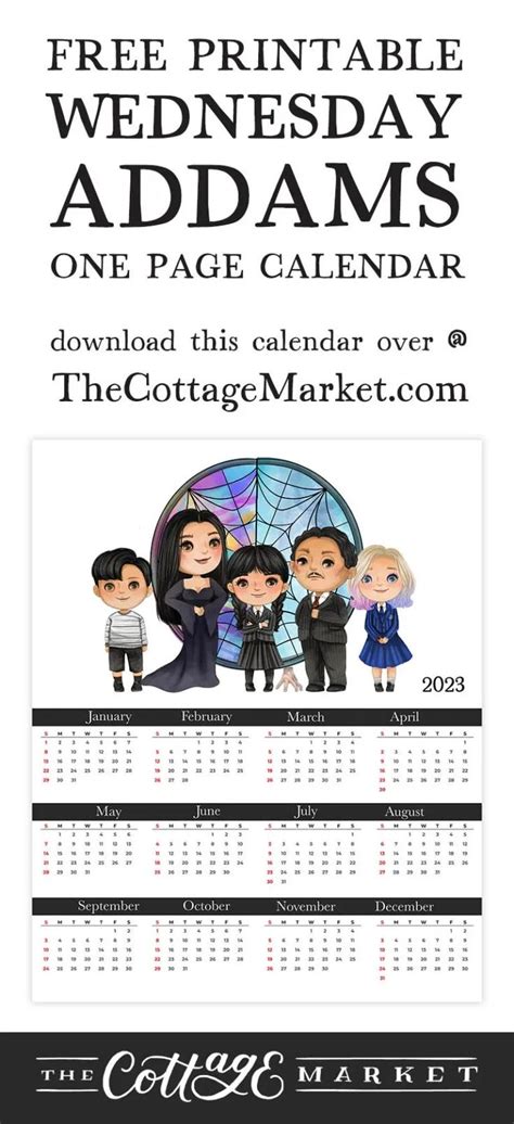 Free Printable 2023 Wednesday Addams Calendar - The Cottage Market ...