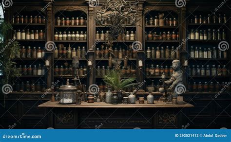 An Old-world Apothecary, Wooden Cabinets Filled with Glass Jars. Stock Illustration ...