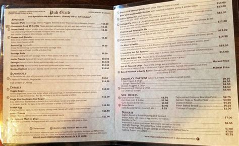 Menu at Kings Head British Pub, St. Augustine