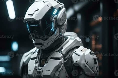 Soldier in futuristic space armor science fiction white armor inside the spaceship 3d render ...