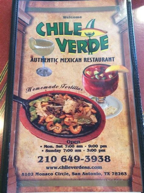 Menu of Chile Verde Mexican Restaurant in San Antonio, TX 78263