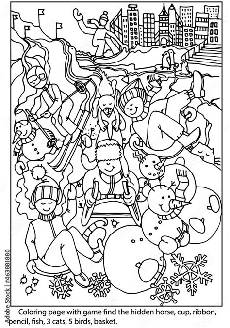 Find hidden objects. Coloring page with outdoor winter activities for ...