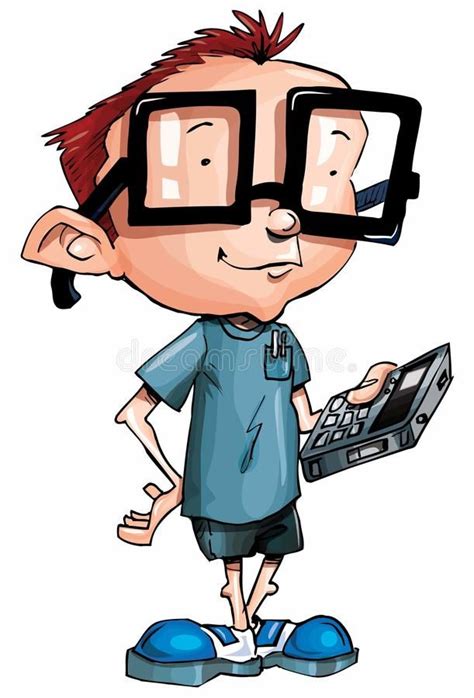 Cartoon nerd with glasses and a smartphone. Cartoon nerd with glasses ...