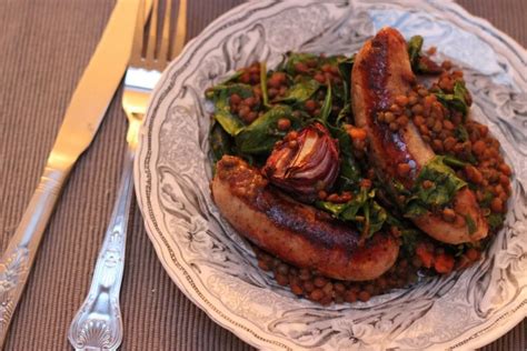 Toulouse sausages with roasted red onions, spinach and puy lentils | Sausage, Lentils, Cocktails ...